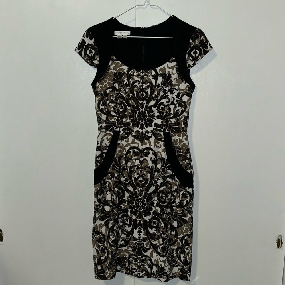 London Times Damask Short Cap Sleeve Shift Dress Brown Black Women’s 4